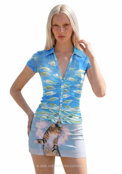 Undersea Fish Y2K Mesh Ruched  Waist  V Neck Top Cherrykitten