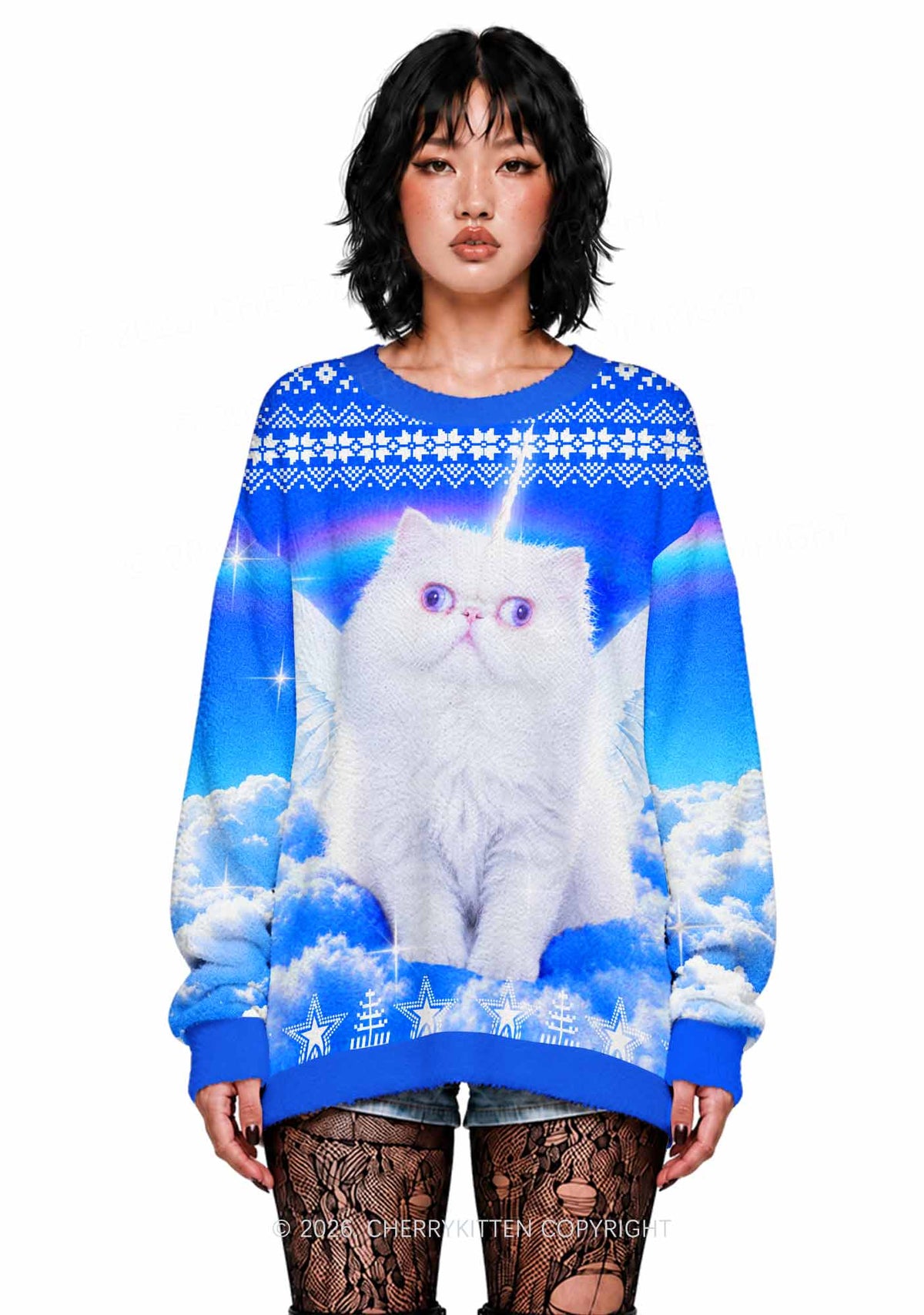 White Angel Unicorn Cat Y2K Knit Sweatshirt Cherrykitten