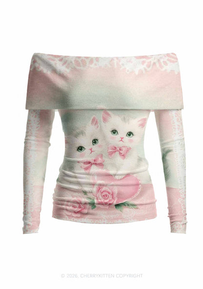 Rose Kitties Y2K Off Shoulder Fold Over Knit Top Cherrykitten