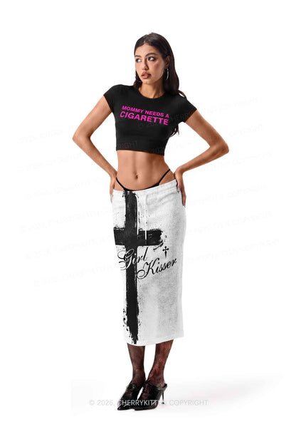 Girl Kisser Black Cross Y2K Sport Jersey Drawstring Midi Skirt Cherrykitten