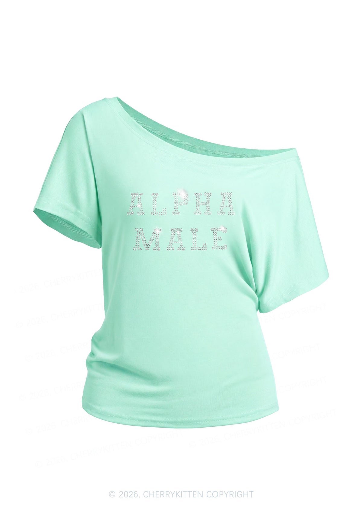 Rhinestone Alpha Male Y2K Off Shoulder Tee Cherrykitten
