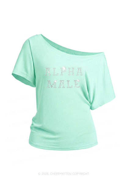 Rhinestone Alpha Male Y2K Off Shoulder Tee Cherrykitten