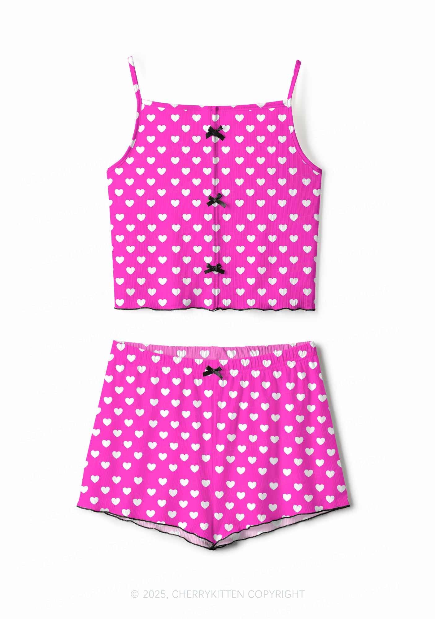 White Heart On Pink Valentine's Day Y2K Print Cami Shorts Pajama Set Cherrykitten