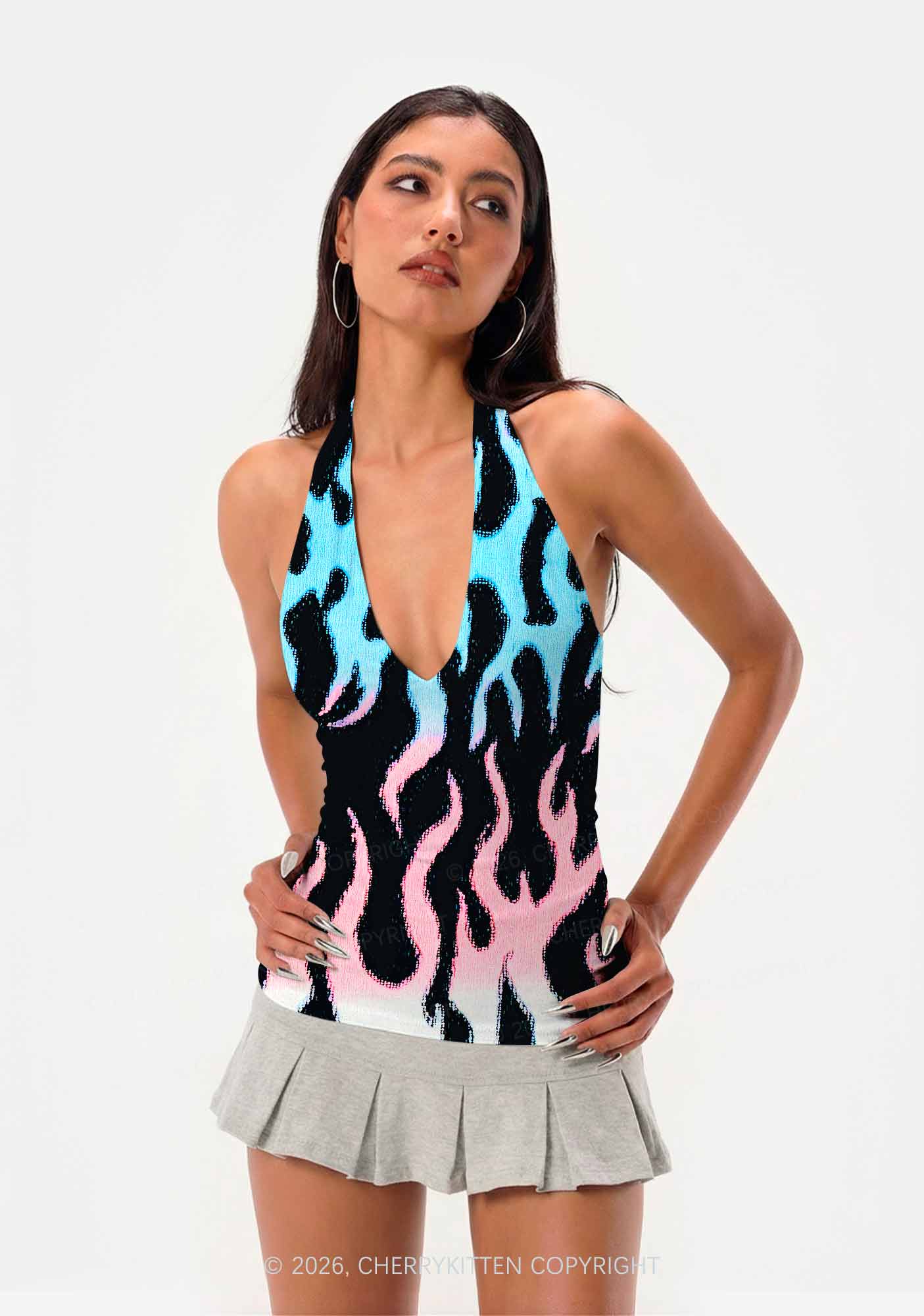 Trans Flame Pride Y2K Print Halter Deep V Neck Cami Cherrykitten