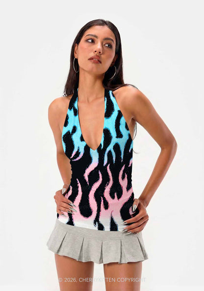 Trans Flame Pride Y2K Print Halter Deep V Neck Cami Cherrykitten