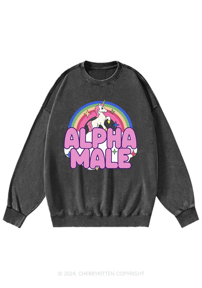 Rainbow Unicorn Alpha Male Y2K Washed Sweatshirts Cherrykitten