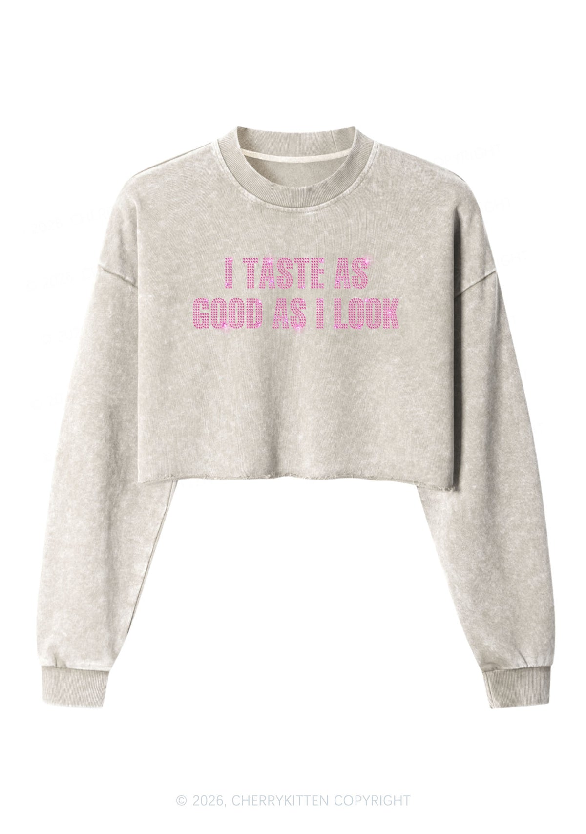 Rhinestone Taste Good Y2K Crop Washed Sweatshirts Cherrykitten