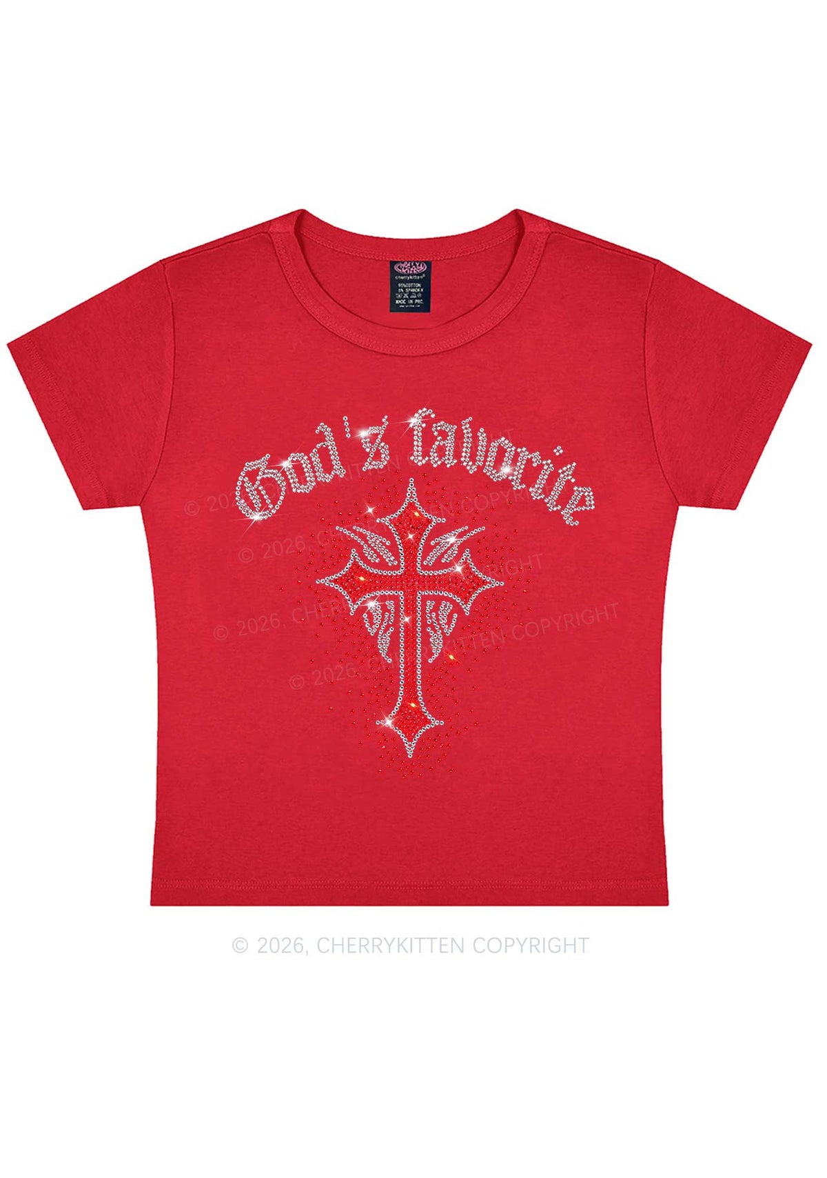 Rhinestone Gods Favorite Cross Y2K Baby Tee Cherrykitten
