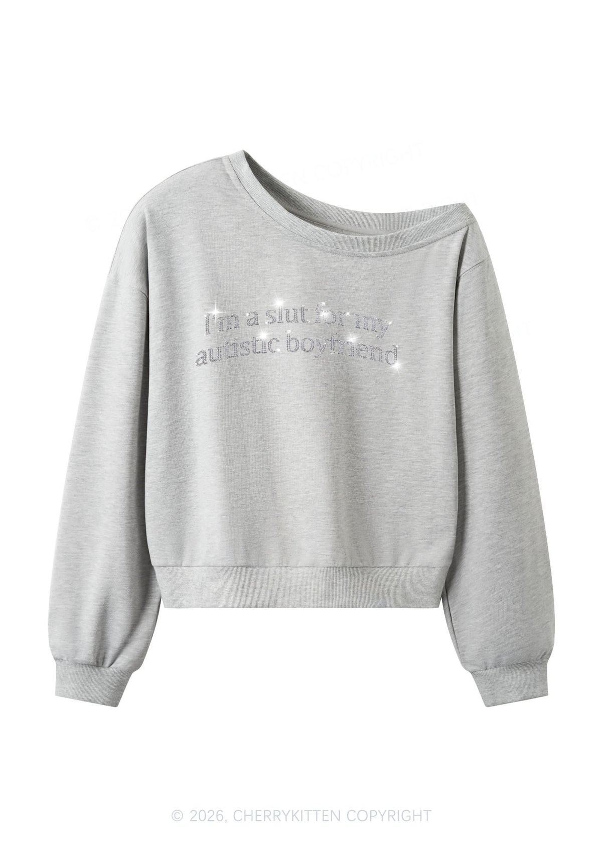 Rhinestone Slxt For My Autistic BF Y2K Off Shoulder Sweatshirts Cherrykitten