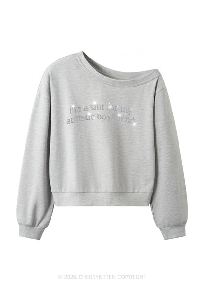 Rhinestone Slxt For My Autistic BF Y2K Off Shoulder Sweatshirts Cherrykitten
