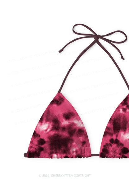 Wine Red Tie Dye Y2K Print Bikini Set Cherrykitten