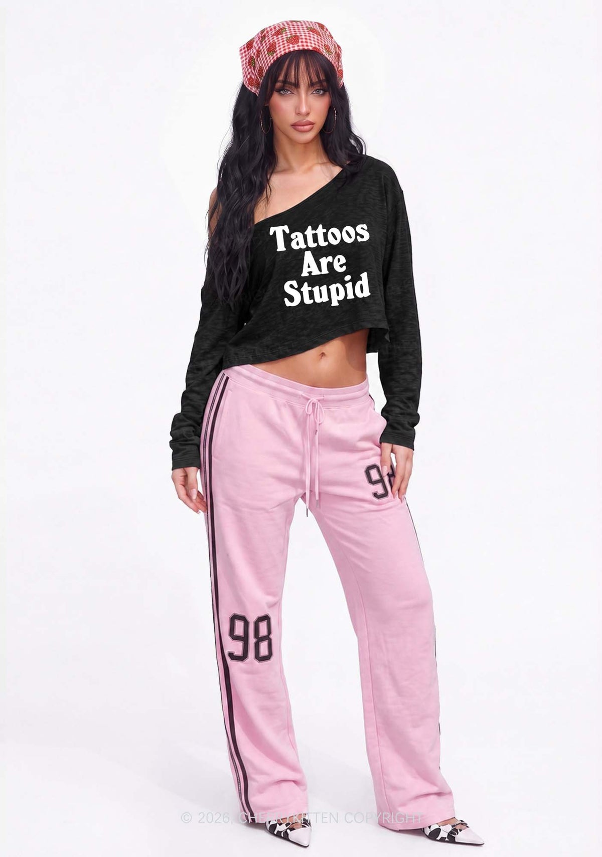 Tattoos Are Stupid Y2K Off Shoulder Long Sleeve Crop Top Cherrykitten