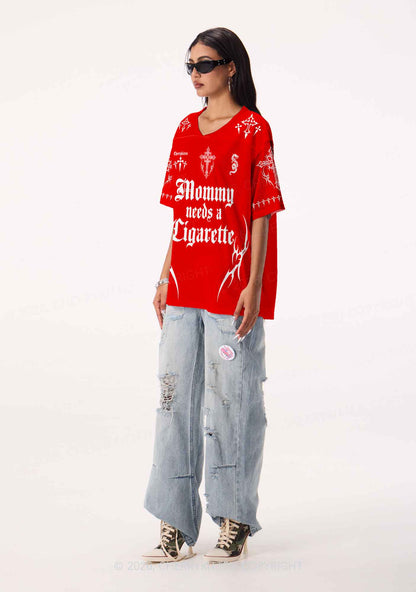 Red Gothic Mommy Needs A Cigarette Y2K Sport Jersey Shirts Cherrykitten