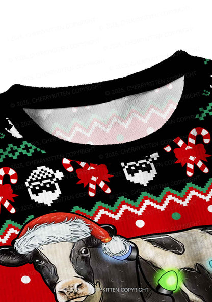 Light Cow Y2K Christmas Crop Knit Sweatshirt Cherrykitten