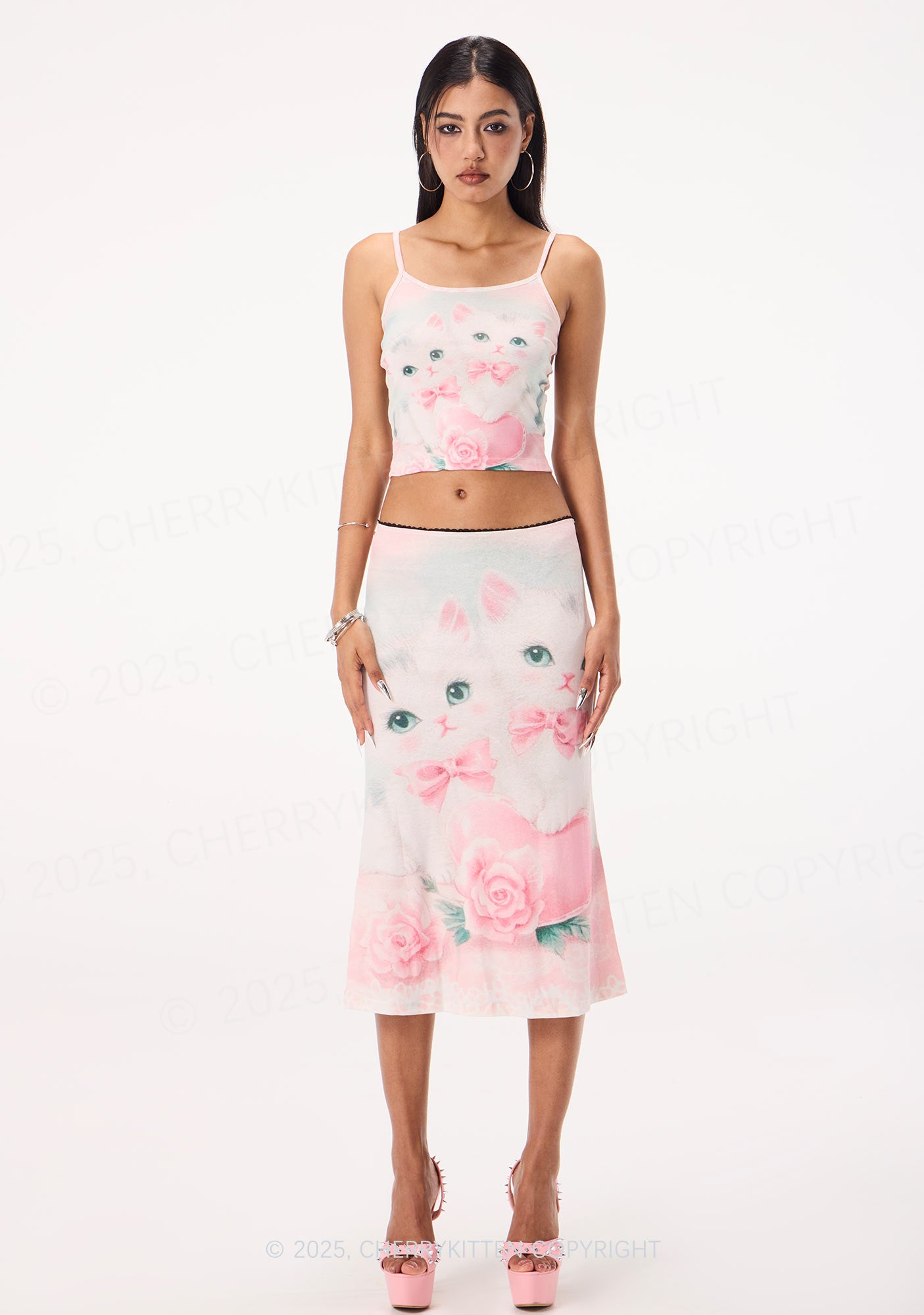 Rose Kitties Y2K Print Midi Skirt Cherrykitten