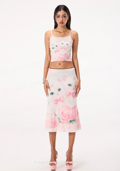 Rose Kitties Y2K Print Midi Skirt Cherrykitten