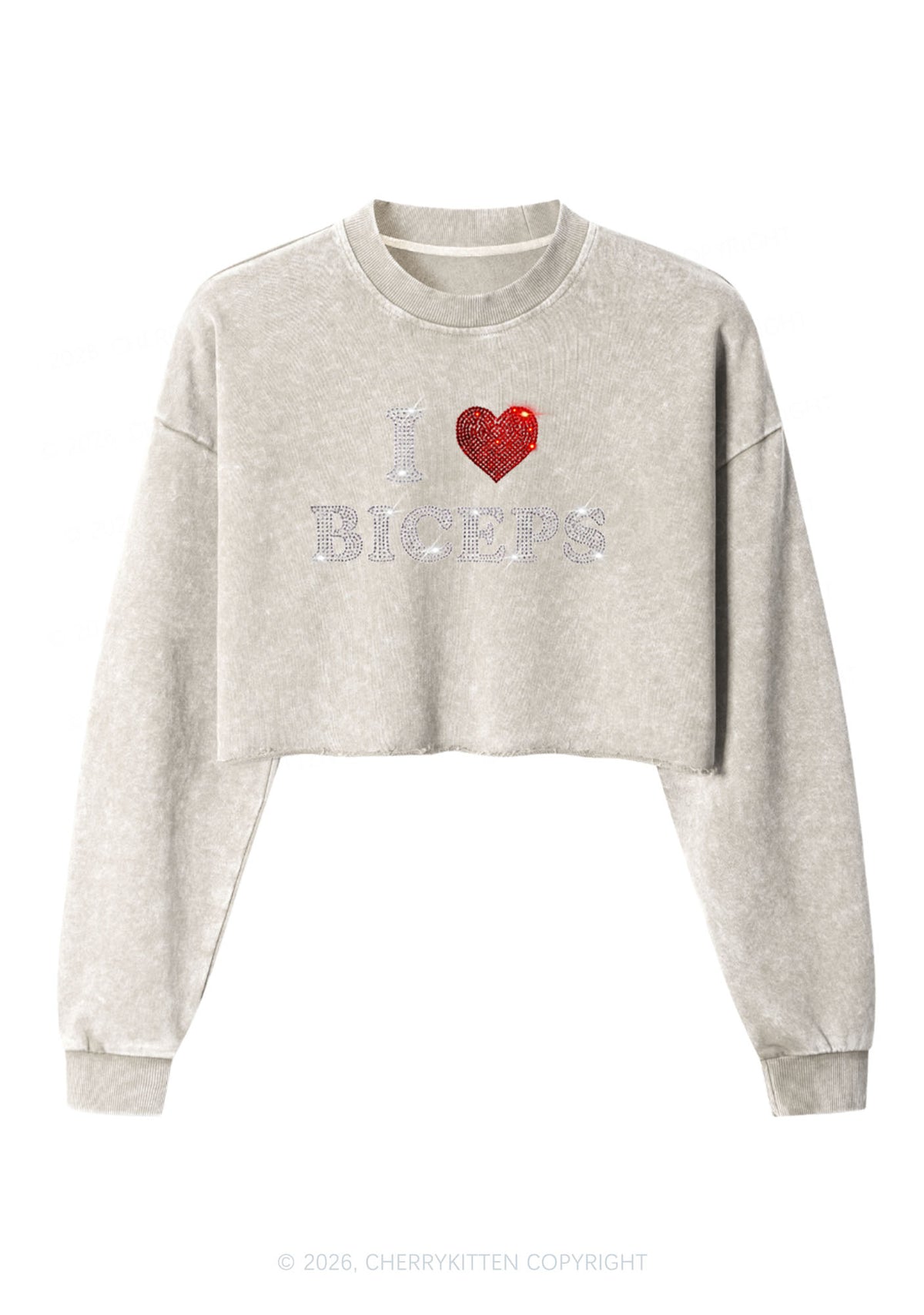 Rhinestone I Love Biceps Y2K Crop Washed Sweatshirts Cherrykitten