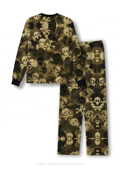 Halloween Camouflage Skulls Y2K Print Long Sleeve Pajama Set Cherrykitten