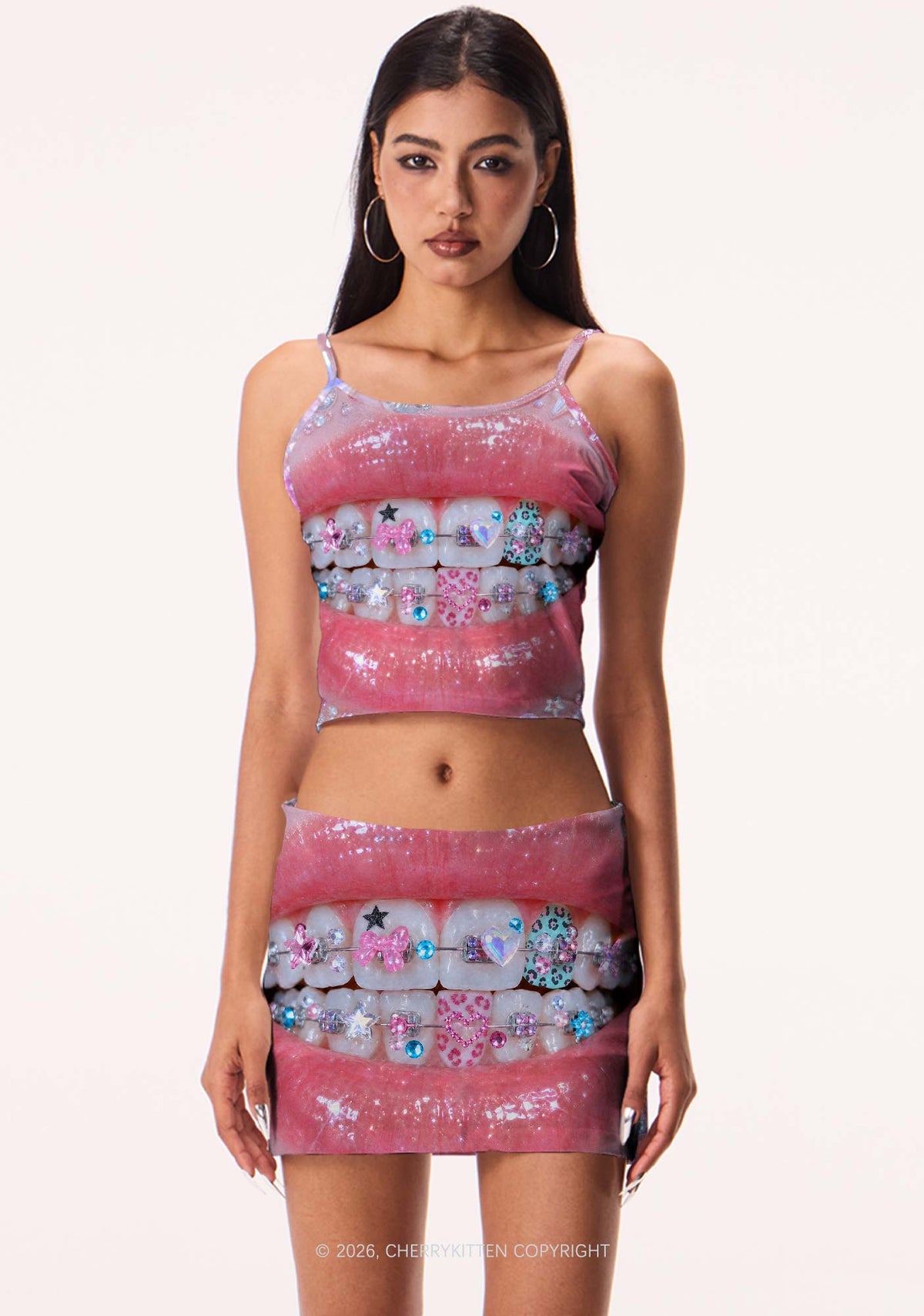 Sparkle Braced Mouth Art Y2K Print Mini Skirt Cherrykitten