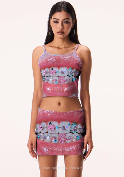 Sparkle Braced Mouth Art Y2K Print Mini Skirt Cherrykitten