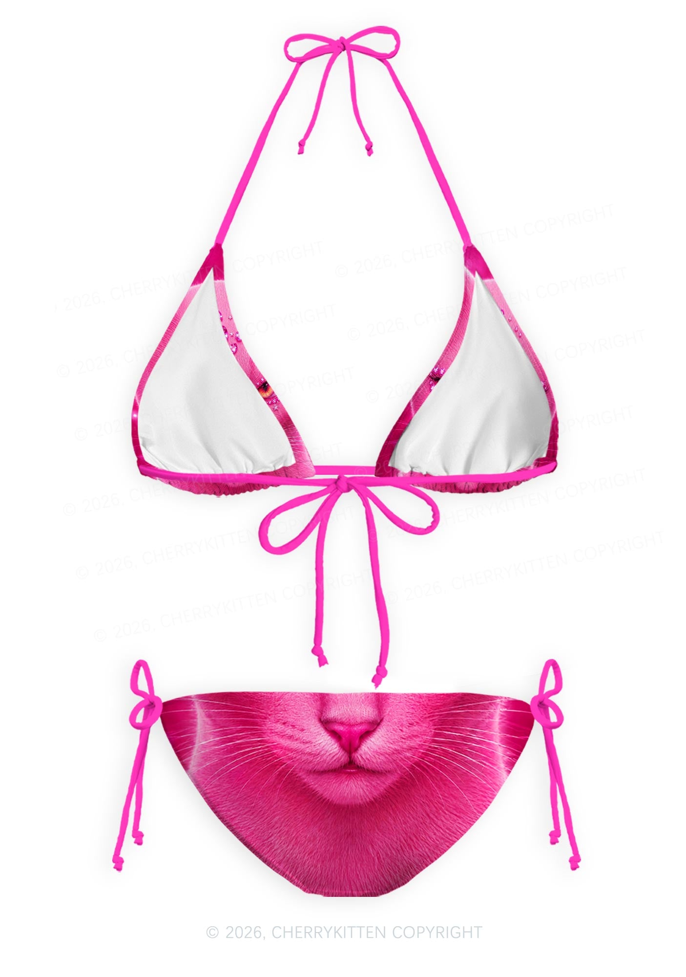 Pink Eyeshadow Cat Y2K Print Bikini Set Cherrykitten