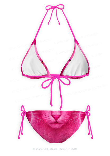 Pink Eyeshadow Cat Y2K Print Bikini Set Cherrykitten