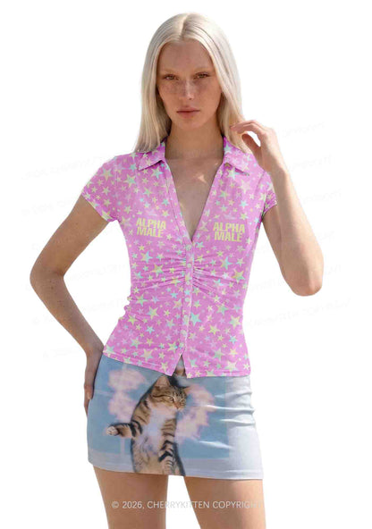 Hot Pink Alpha Male Pride Y2K Mesh Ruched  Waist  V Neck Top Cherrykitten