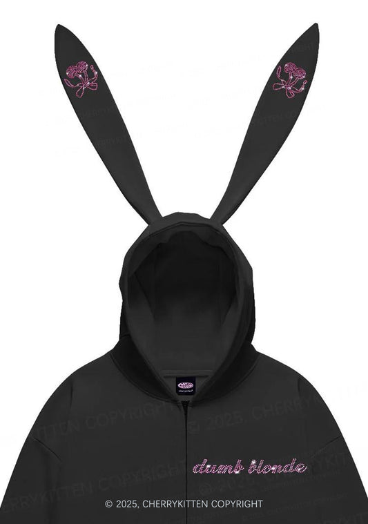 Rhinestone Dumb Blonde Cherry Y2K Bunny Ear Zip Hoodie Cherrykitten