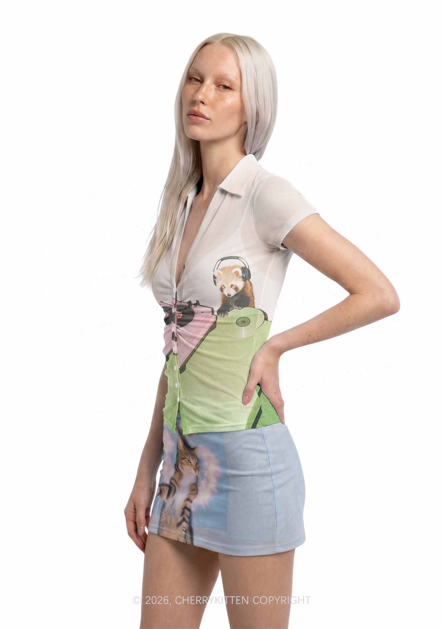 Red Panda DJ Y2K Mesh Ruched  Waist  V Neck Top Cherrykitten