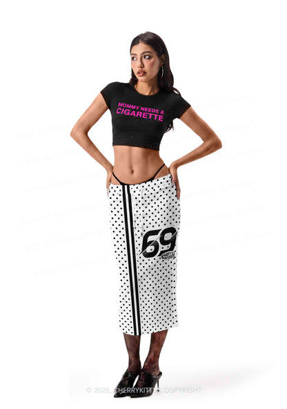 Black Dots On White Y2K Sport Jersey Drawstring Midi Skirt Cherrykitten