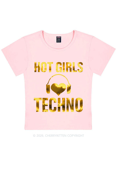 Hot Girls Love Techno Silver Foil Printed Y2K Baby Tee Cherrykitten