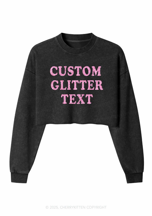 Custom Text Glitter Y2K Crop Washed Sweatshirts Cherrykitten