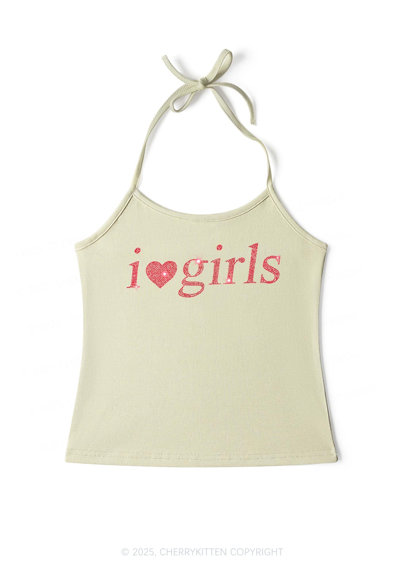 Rhinestone I Love Girls Y2K Halter Neck Cami Cherrykitten