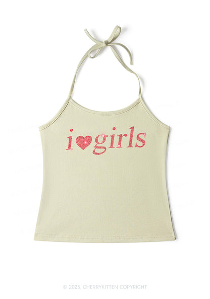 Rhinestone I Love Girls Y2K Halter Neck Cami Cherrykitten