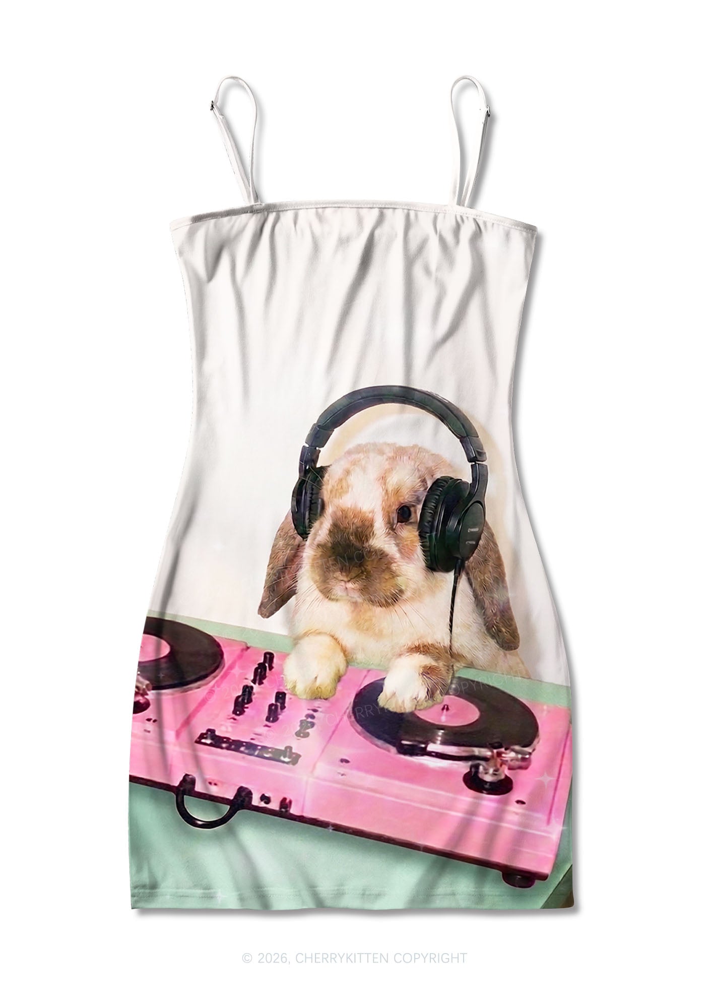 Lop Eared Bunny DJ Y2K Print Slip Dress Cherrykitten