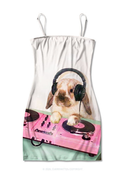Lop Eared Bunny DJ Y2K Print Slip Dress Cherrykitten