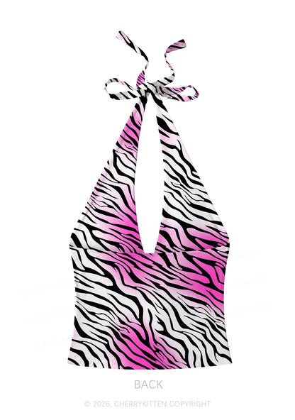 Gradient Pink Zebra Stripe Y2K Print Halter Deep V Neck Cami Cherrykitten