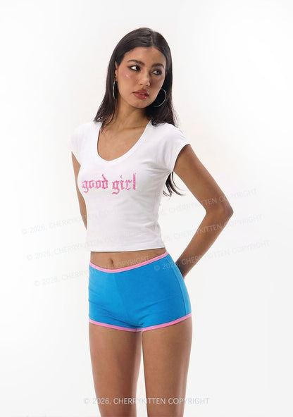 Rhinestone Good Girl Y2K V Neck T Shirts Cherrykitten