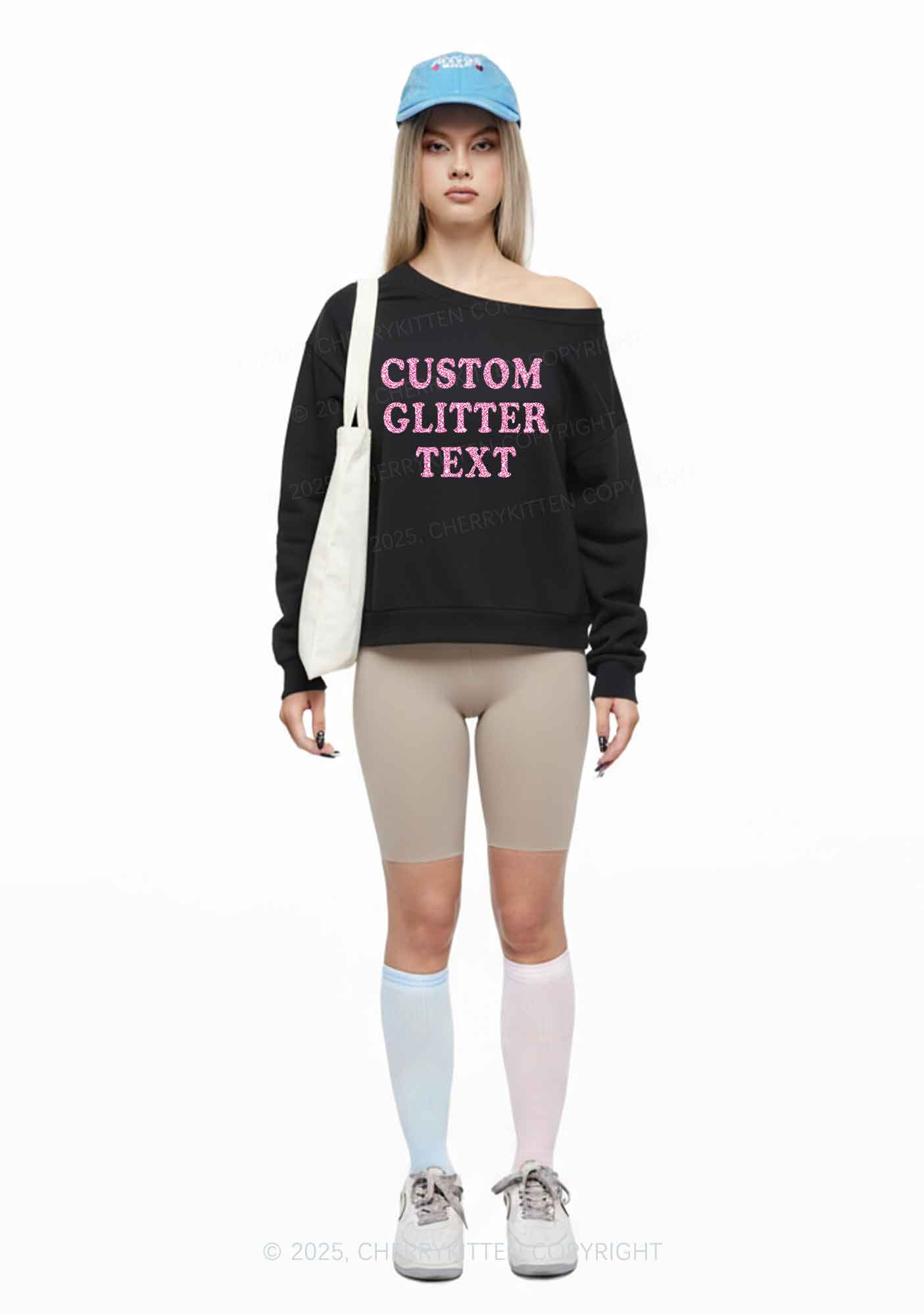 Custom Text Glitter Y2K Off Shoulder Sweatshirts Cherrykitten