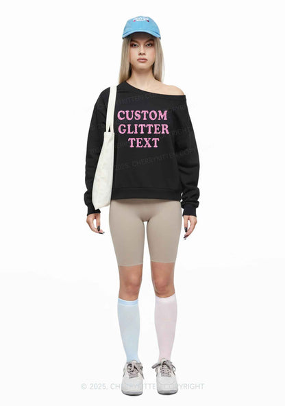 Custom Text Glitter Y2K Off Shoulder Sweatshirts Cherrykitten