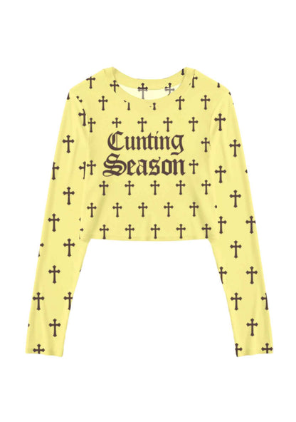 Cunting Season Cross Y2K Mesh Long Sleeve Crop Top Cherrykitten
