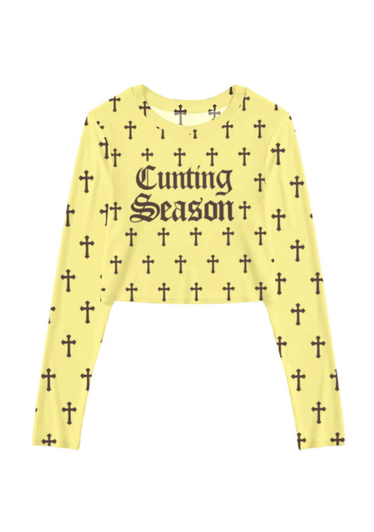 Cunting Season Cross Y2K Mesh Long Sleeve Crop Top Cherrykitten