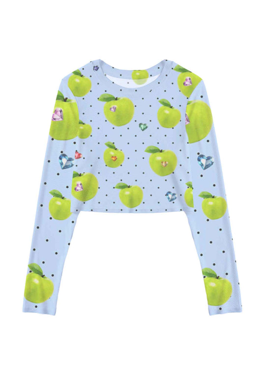 Chic Green Apple Y2K Mesh Long Sleeve Crop Top Cherrykitten