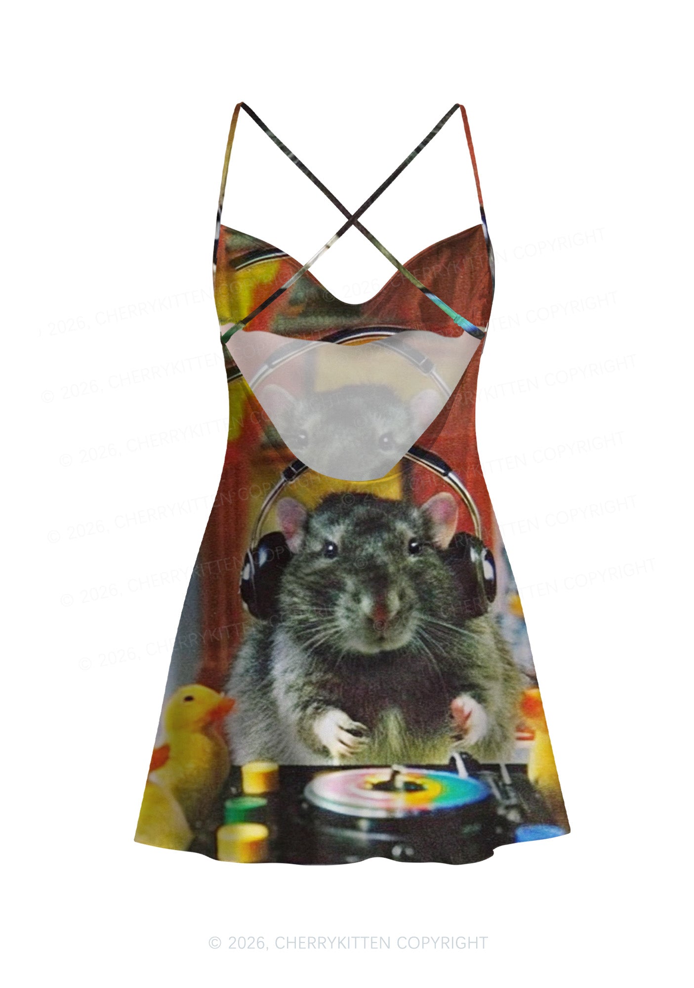 DJ Rat Duck Y2K Print Satin Cowl Neck Slip Dress Cherrykitten