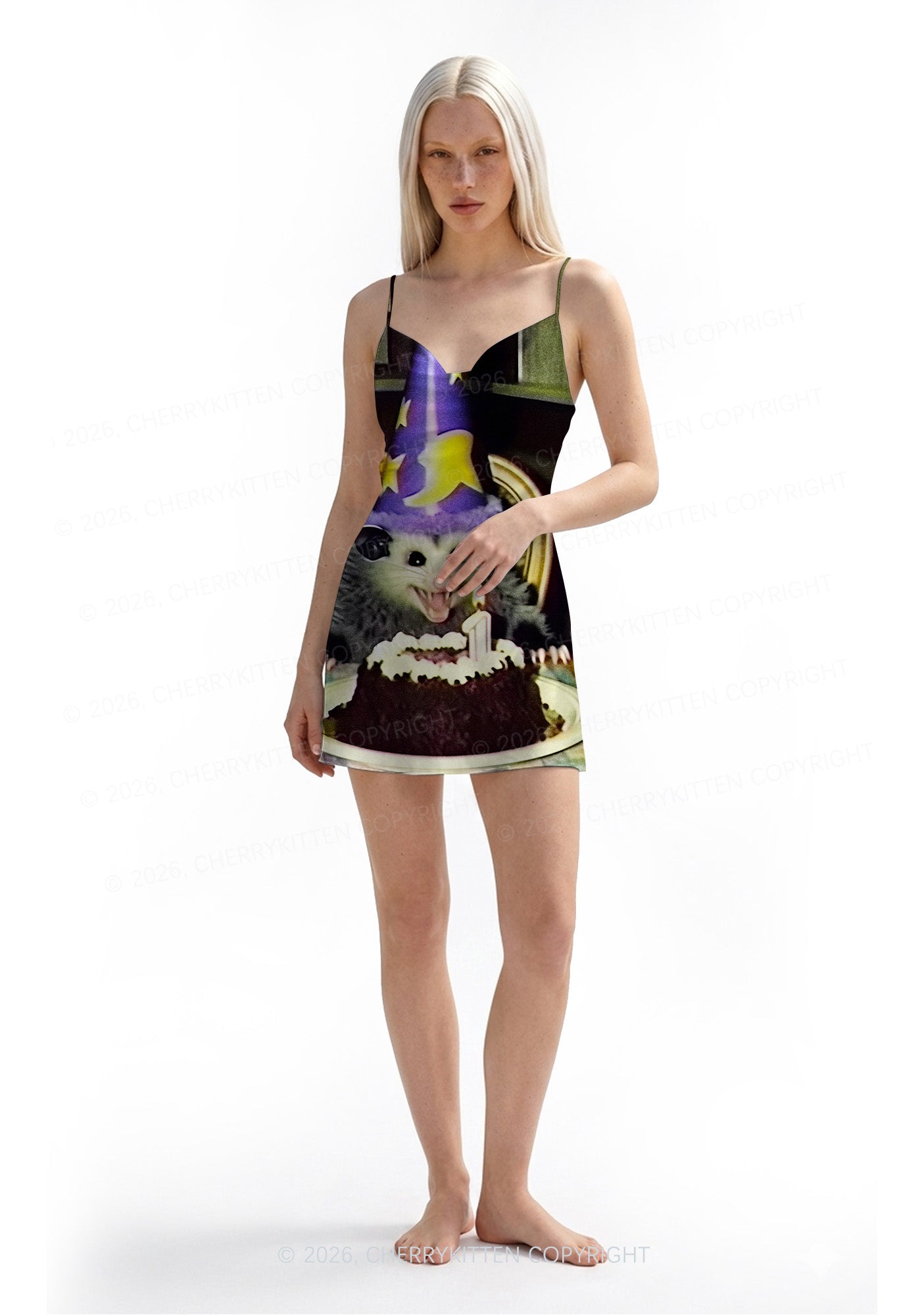 Birthday Opossum Y2K Print Satin Cowl Neck Slip Dress Cherrykitten