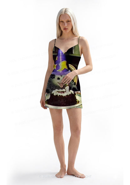 Birthday Opossum Y2K Print Satin Cowl Neck Slip Dress Cherrykitten