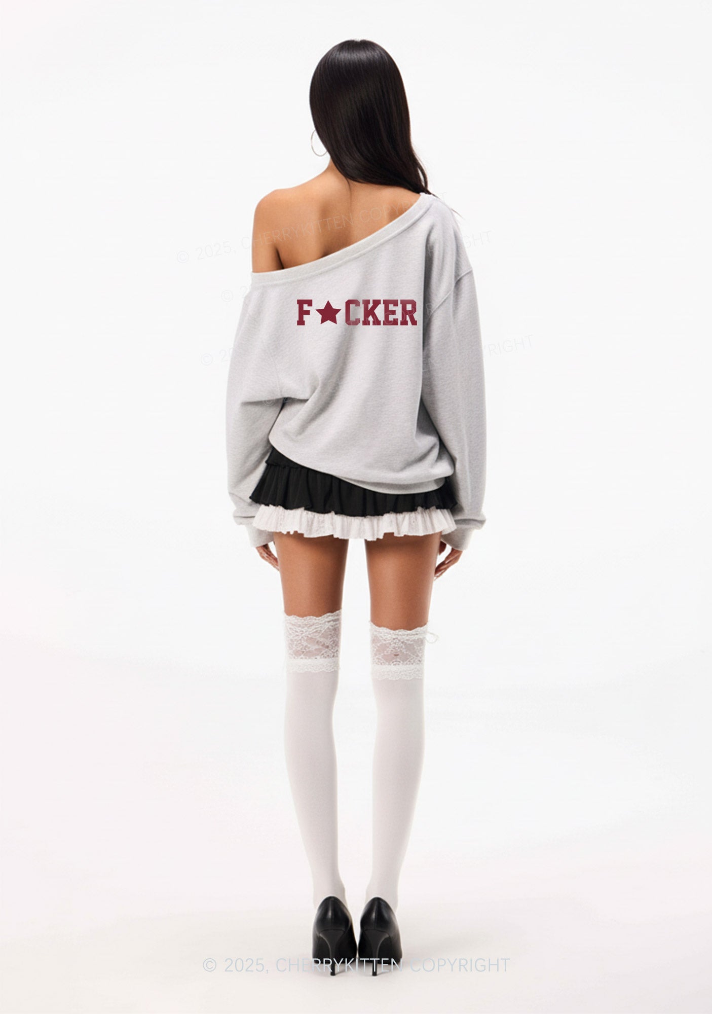 Motherfxcker Two Sides Y2K Off Shoulder Sweatshirts Cherrykitten