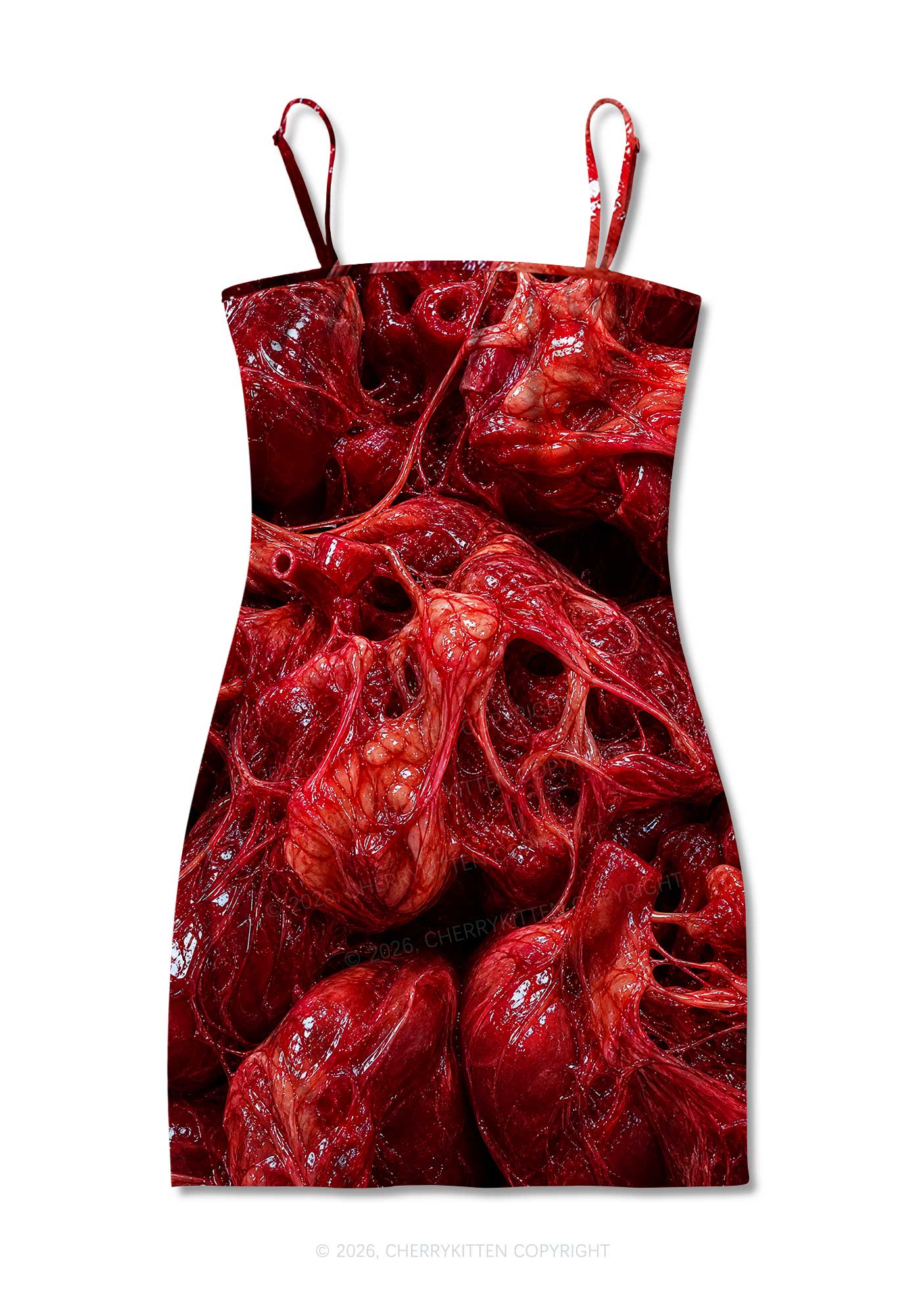 Red Anatomical Hearts Y2K Print Slip Dress Cherrykitten