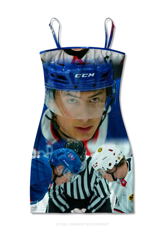Blue And White Hockey Shirt HR Y2K Print Slip Dress Cherrykitten