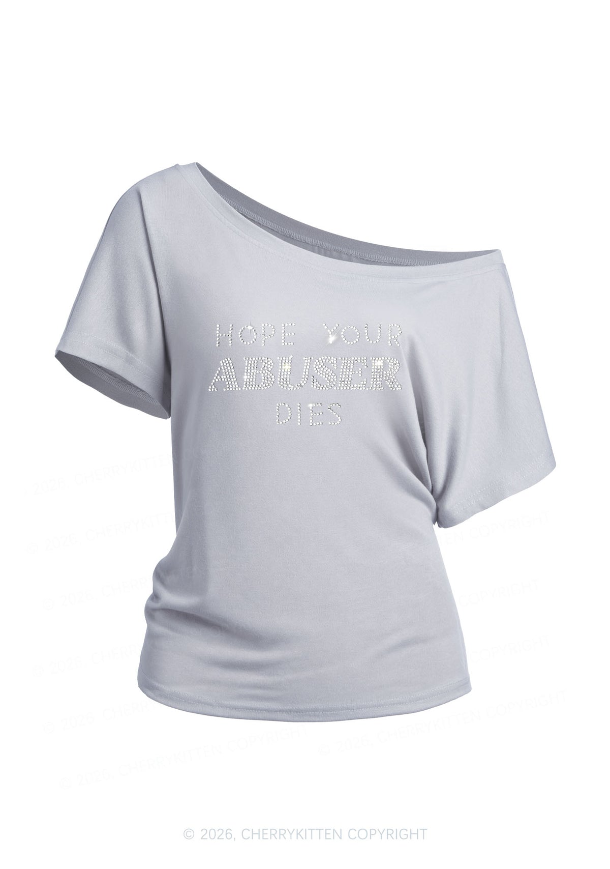 Rhinestone Abuser Dies Y2K Off Shoulder Tee Cherrykitten